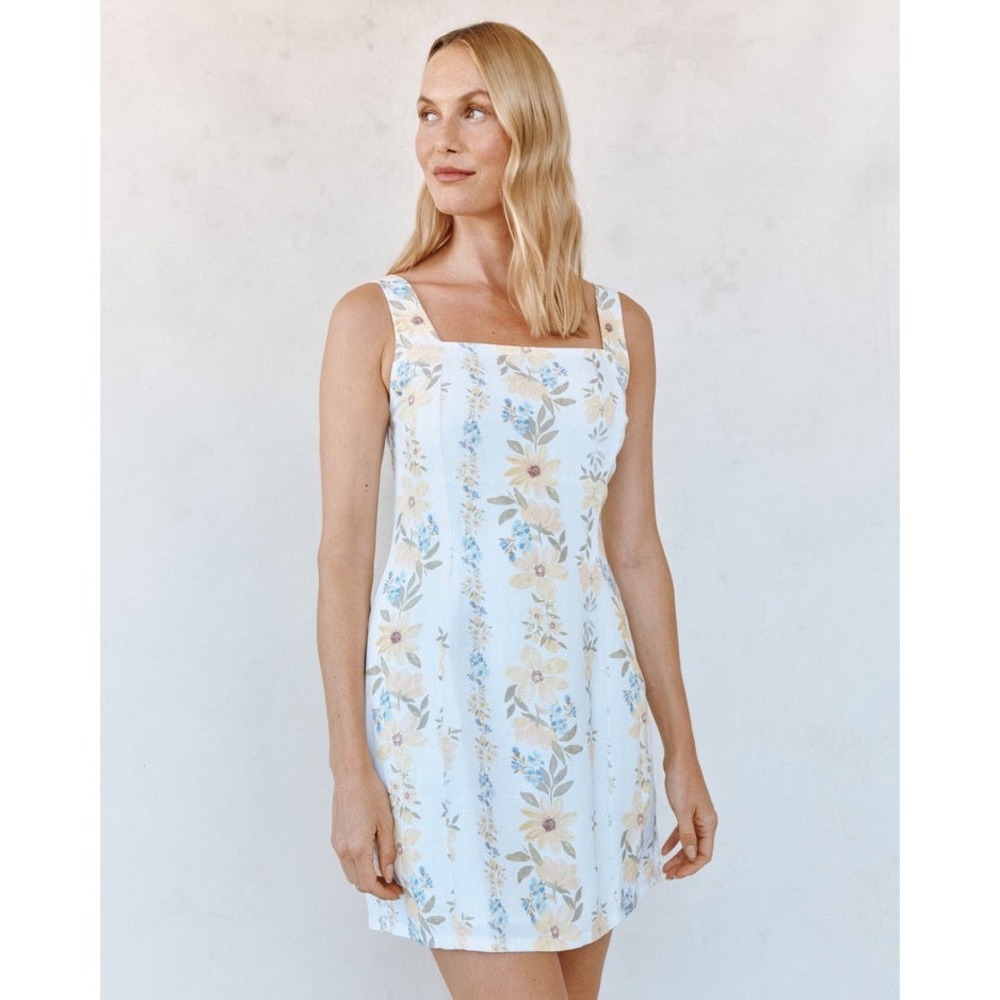 Bella‎ Dahl Floral Linen Blend Mini Dress White Yellow Blue Smocked Back XS